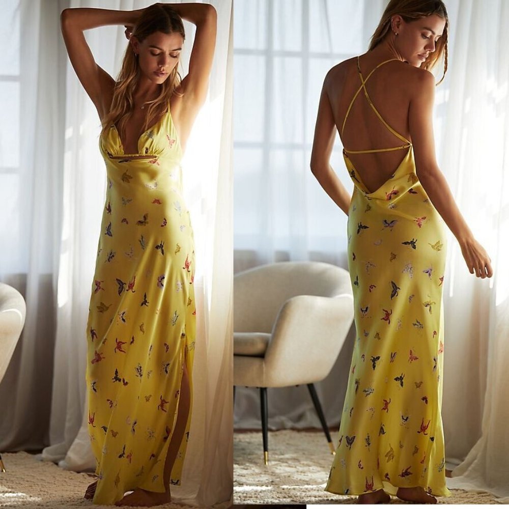 Anthropologie Yellow Maxi Dress with Floral Print